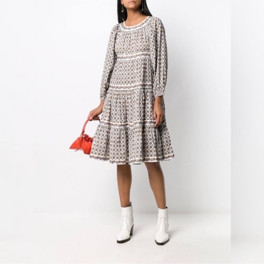 Tory Burch Beige and White Printed Tiered Long-Sleeve Dress
